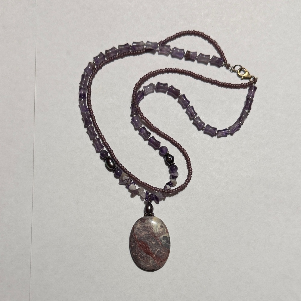 Necklace-Handcrafted Jasper, Amethyst and Tourmaline Stone Pendant Necklace